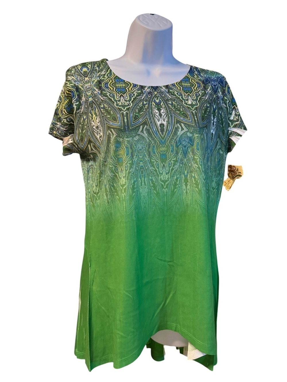 One World Green Patterned Short Sleeve Tunic Top